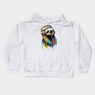 Sloth Watercolor Painting - Sloth Listening to Music Kids Hoodie